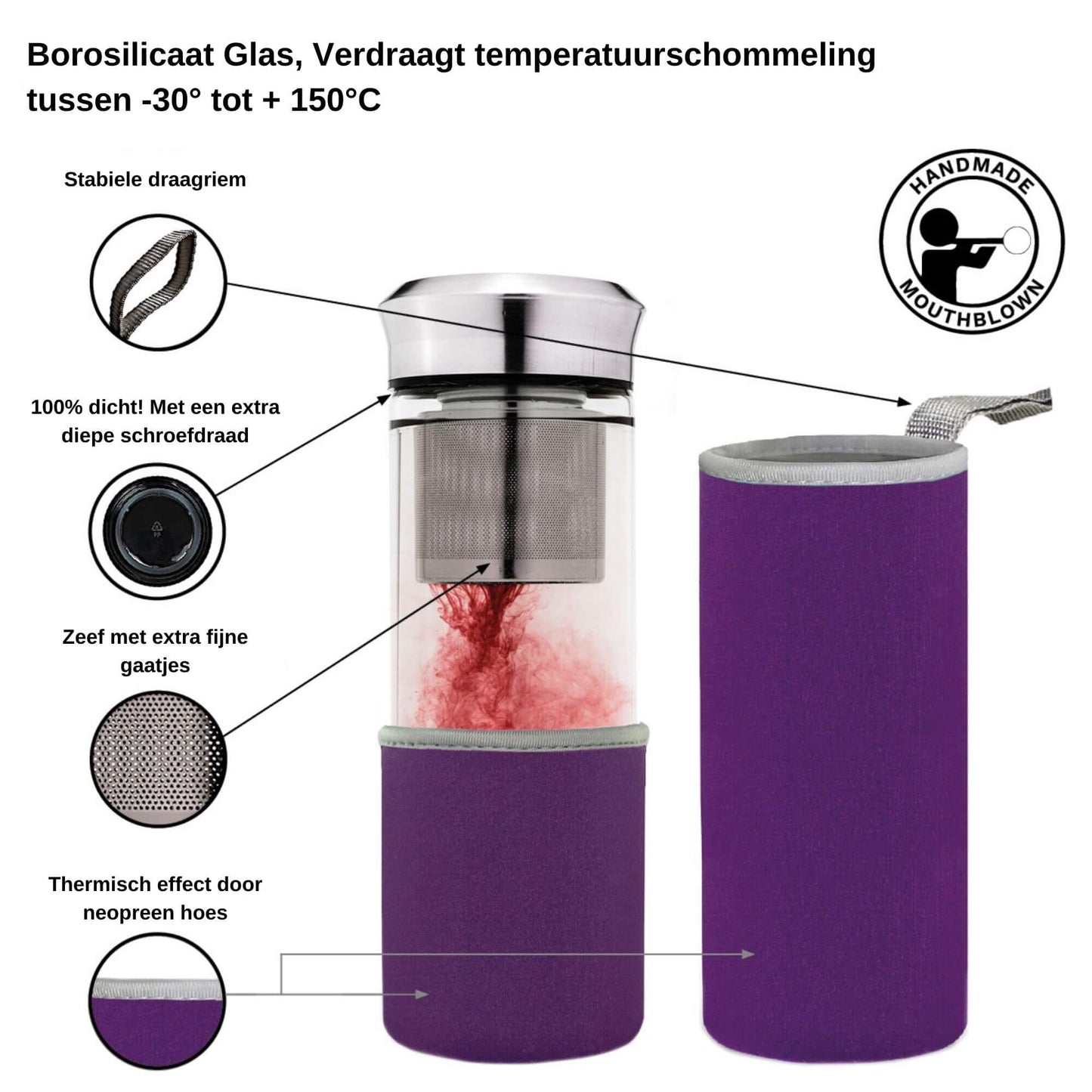 Creano teamaker, een glazen fles met theefilter