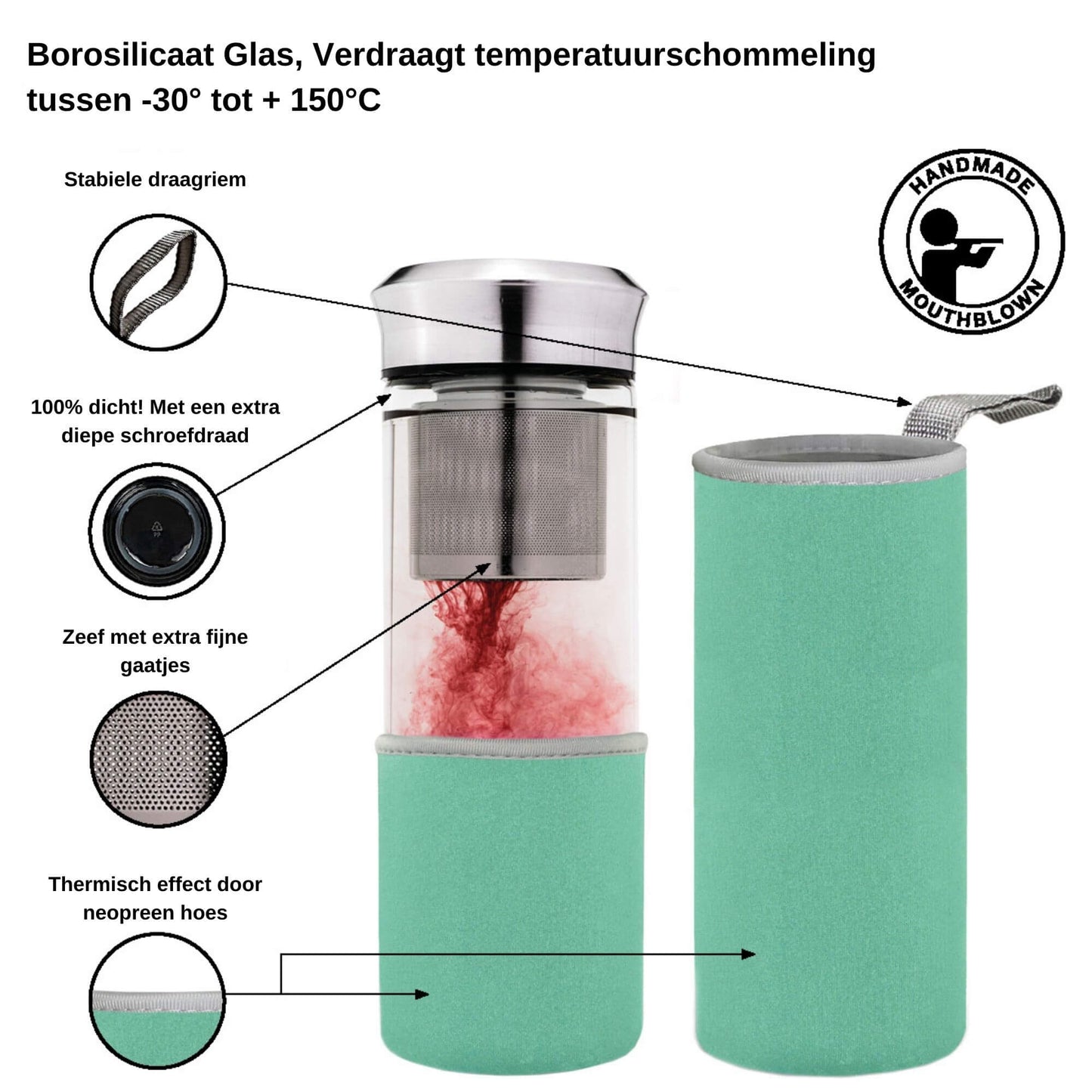 Creano teamaker, een glazen fles met theefilter
