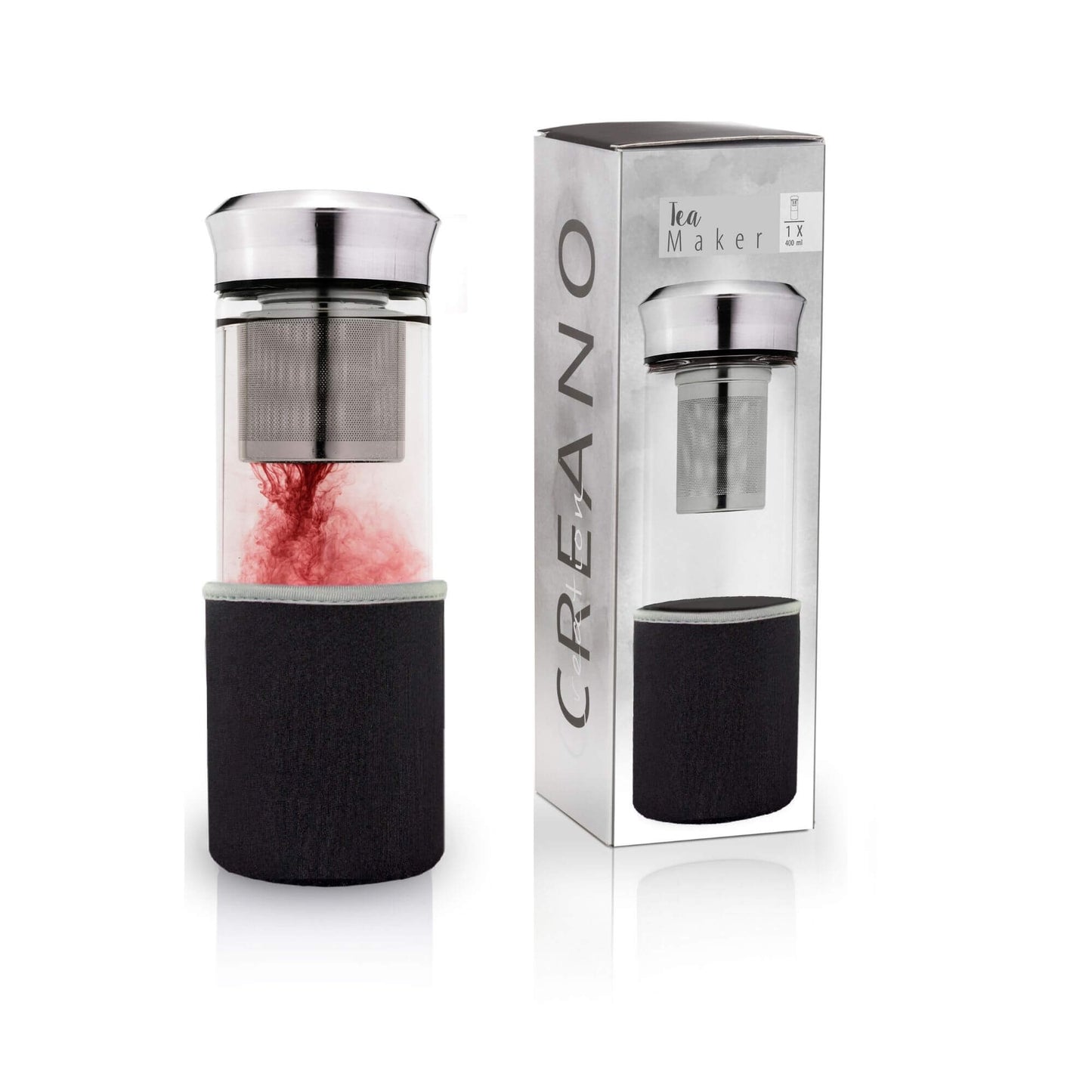 Creano teamaker, een glazen fles met theefilter