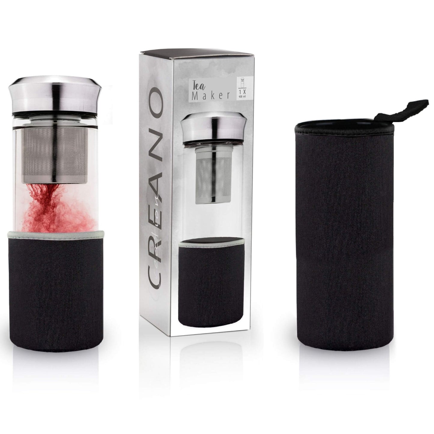 Creano teamaker, een glazen fles met theefilter