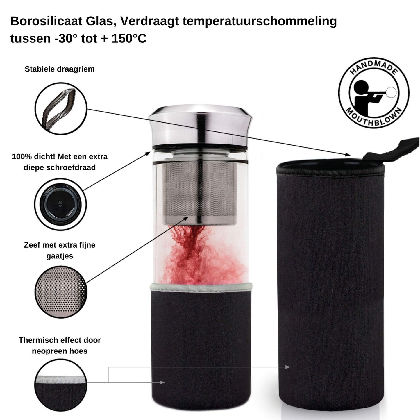 Creano teamaker, een glazen fles met theefilter