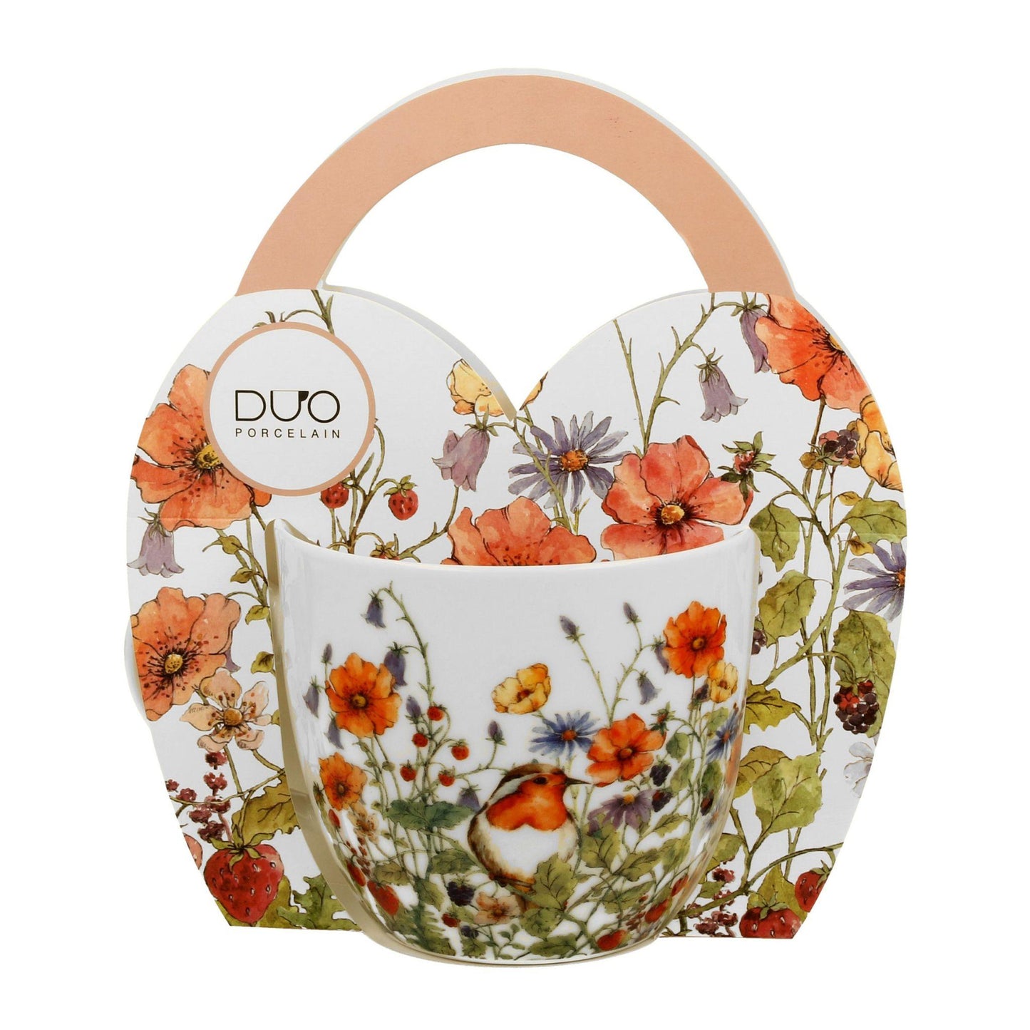 Mok Wild Bird van porselein met bloemen- en roodborstontwerp, geleverd in bijpassende geschenksleeve.