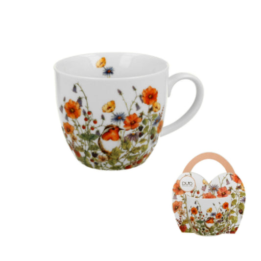 Decoratieve geschenksleeve met bloemenprint, aardbeien en roodborstje, passend bij de mok Wild Bird 460ml.