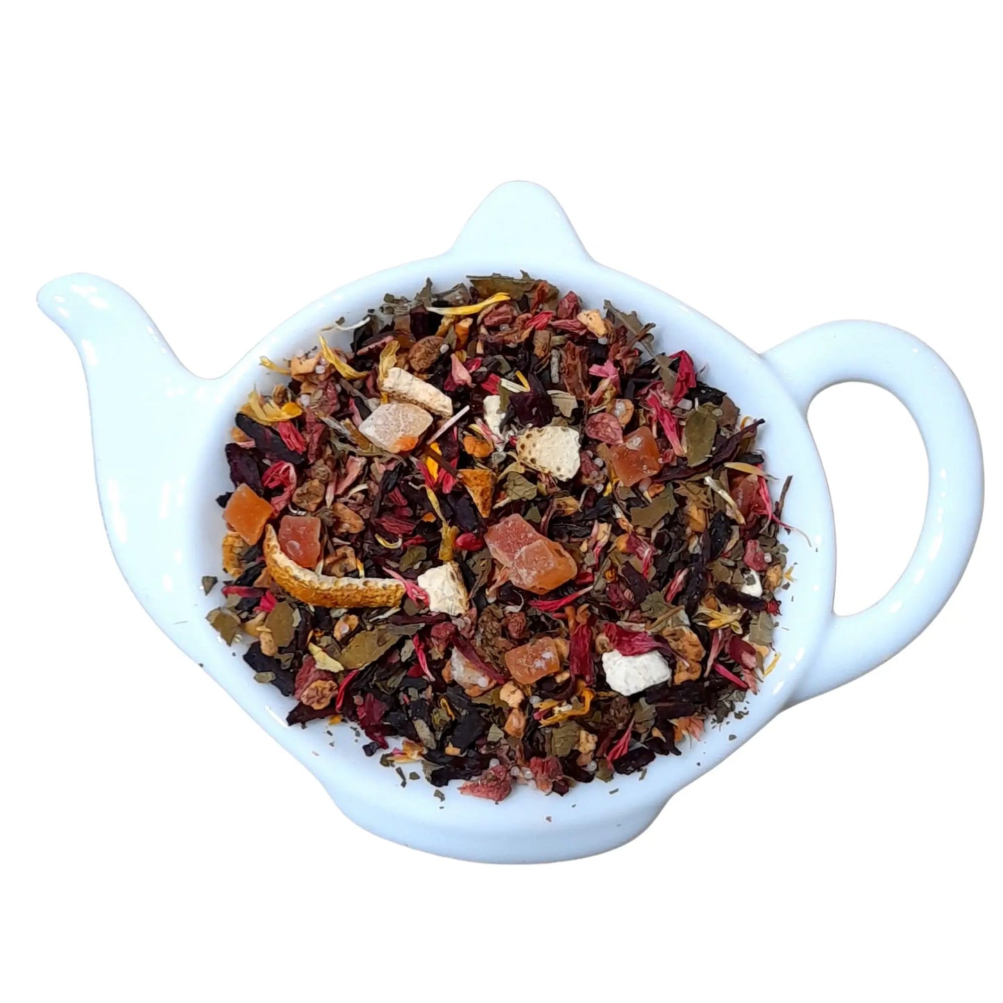 Geluksthee, een zoete vruchtenthee met papaya en hibiscus