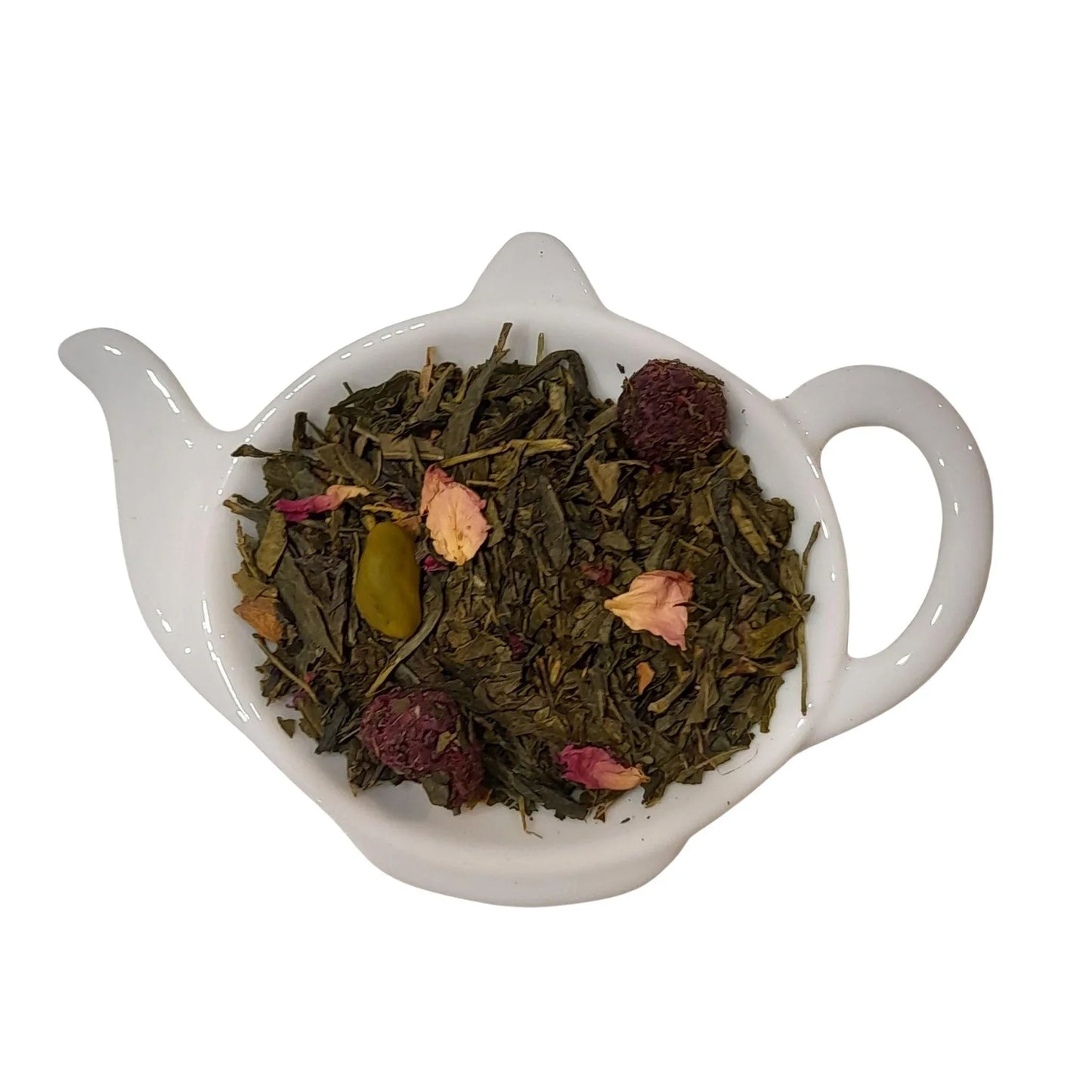 Groene Sencha thee met pistache, framboos en een vleugje kaneel – een luxe, dessertachtige melange vol smaakbeleving.