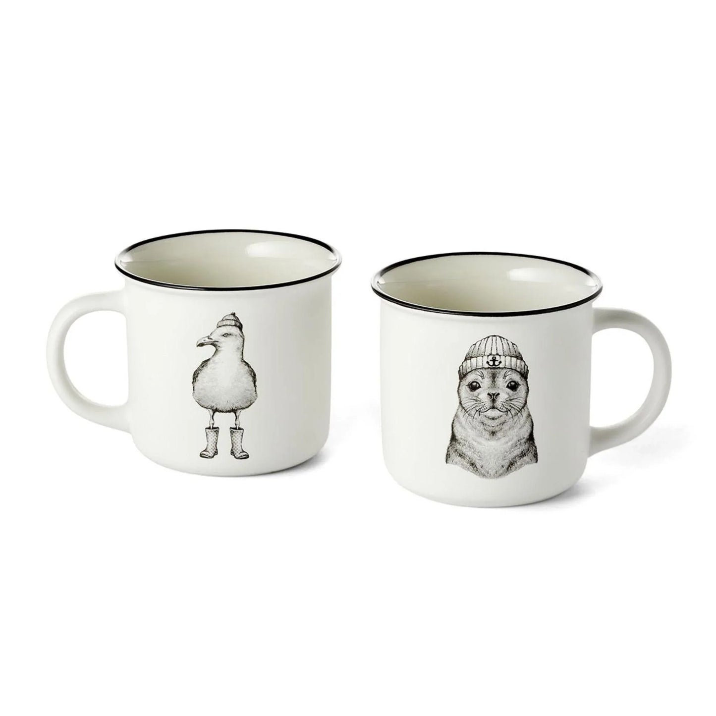 Mok met zeehond en meeuw in maritieme stijl met potloodtekening design