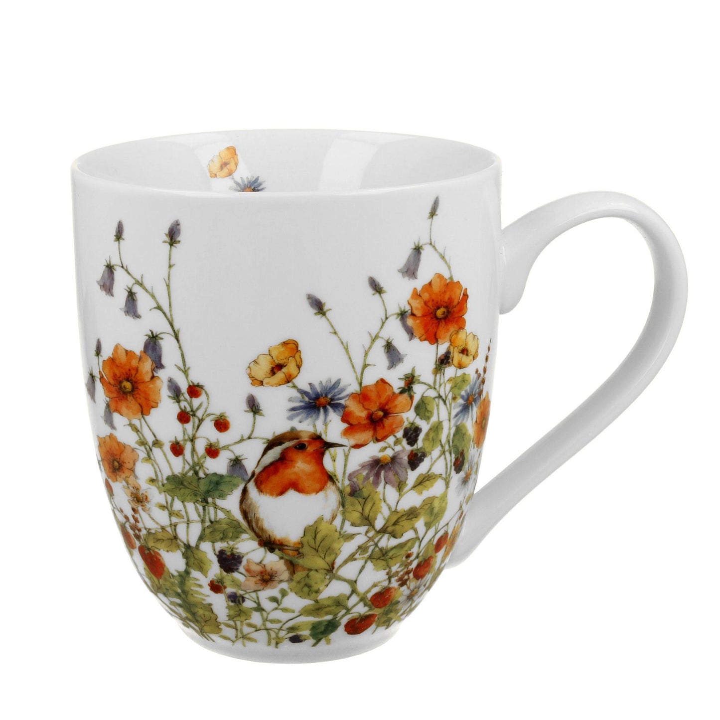 Witte XXL porseleinen mok van 1 liter met bloemen- en roodborstmotief uit de Flower Classic collectie.