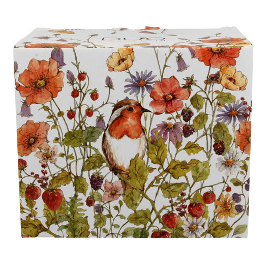 Decoratieve geschenkdoos met bloemenprint, aardbeien en roodborstje, passend bij de XXL mok Wild Bird.