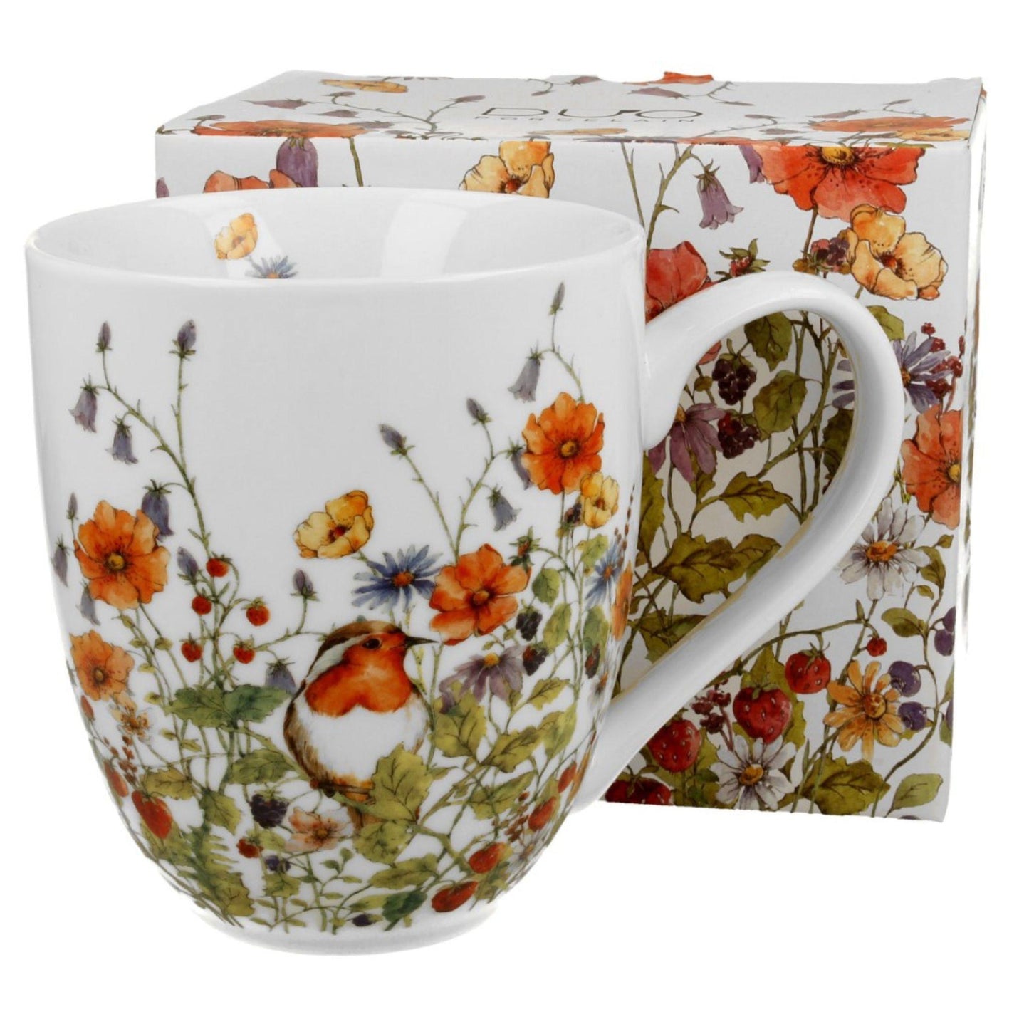 XXL mok Wild Bird van porselein met bloemen- en roodborstontwerp, geleverd in bijpassende geschenkdoos.