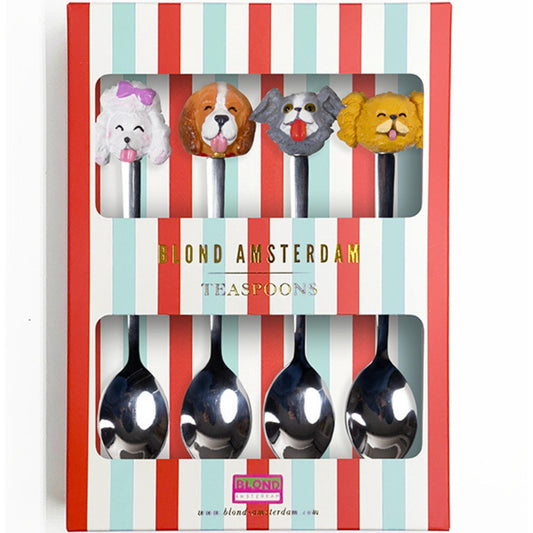Set van 4 Blond Amsterdam Dier theelepels met hondenkopjes, verpakt in vrolijk doosje – ideaal als cadeau of om zelf te gebruiken.
