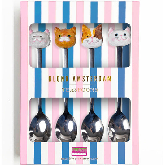 Set van 4 Blond Amsterdam Dier theelepels met kattenkopjes, verpakt in vrolijk doosje – ideaal als cadeau of om zelf te gebruiken.