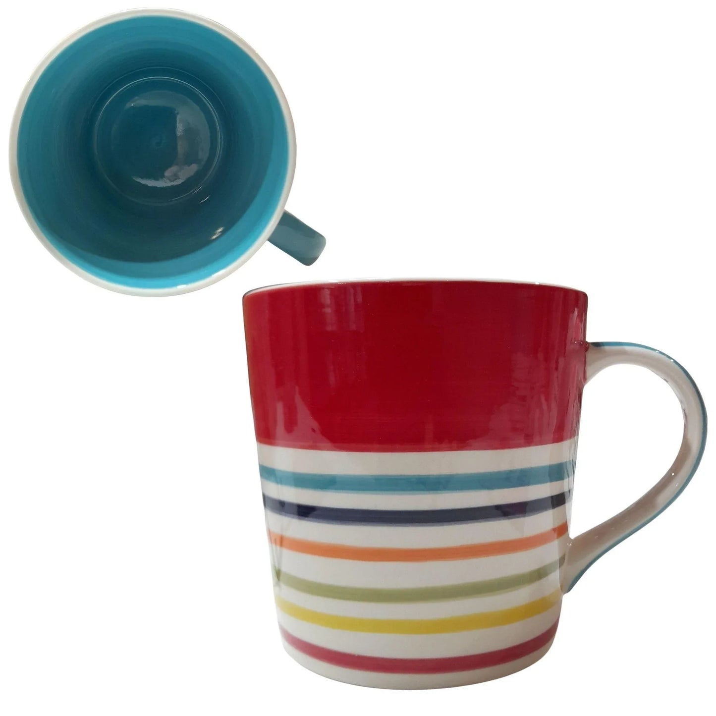 Robuuste handgeschilderde keramische mok van 400 ml met glanzende strepen en groot handvat, rood gestreept van buiten, blauw van binnen. Geschikt voor thee en koffie.
