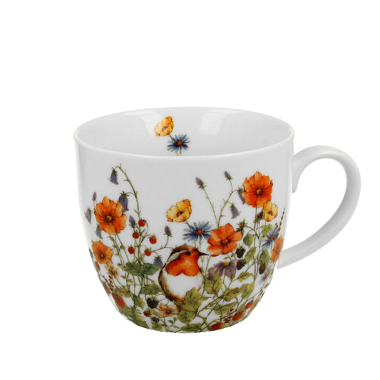 Witte XXL porseleinen mok van 460ml met bloemen- en roodborstmotief uit de Flower Classic collectie.
