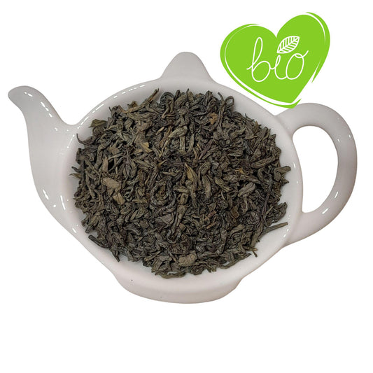 Biologische Groene Chun Mee thee – fijne, krulvormige theebladeren met lichte, frisse en zachtzoete smaak