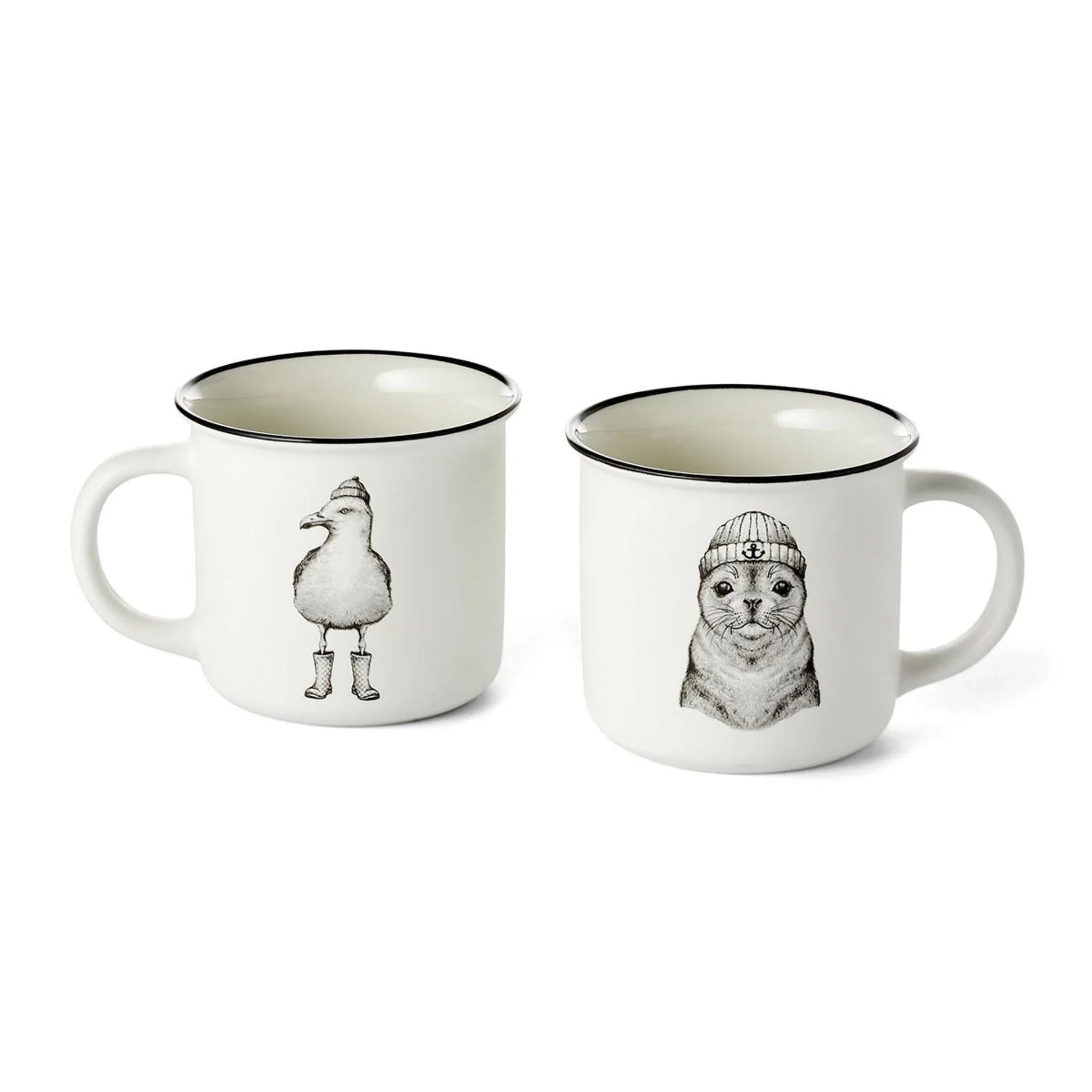 Mok met zeehond en meeuw in maritieme stijl met potloodtekening design
