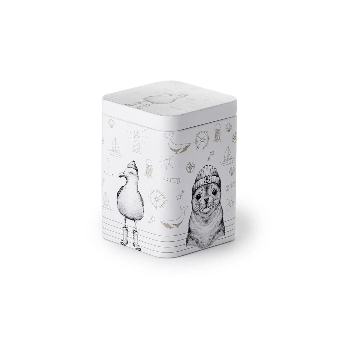 Bewaardoos met zeehond en meeuw in maritiem potlooddesign, perfect voor het bewaren van losse thee.