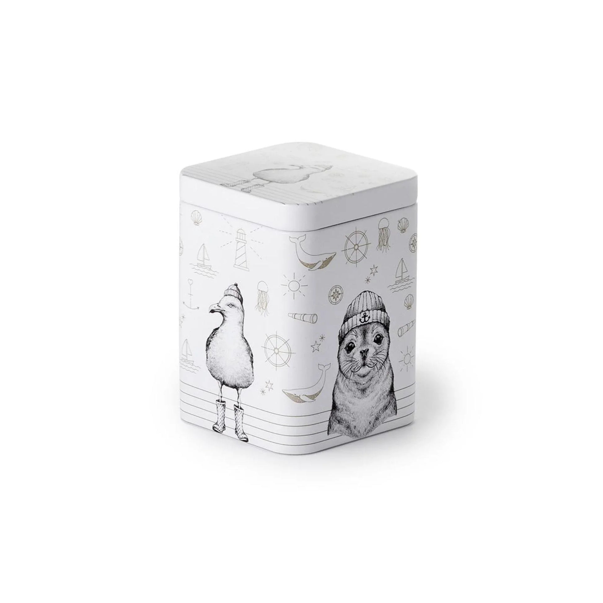 Bewaardoos met zeehond en meeuw in maritiem potlooddesign, perfect voor het bewaren van losse thee.