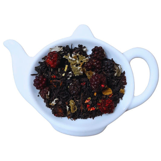 Zwarte thee met rijpe bosbessen en bosvruchten zoals braam. Heerlijk zoet